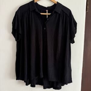 FREE PEOPLE | Black Linen Blend Swing Polo V Neck Swing Trapeze Top  Small